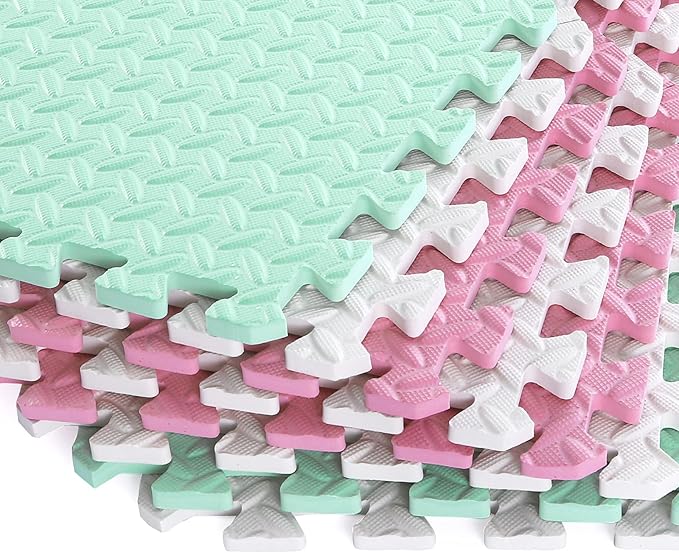 36 Tiles Foam Play Mat for Baby, 0.4 Inch Thick Foam Interlocking Floor Mats, Soft Non-Toxic Baby Playmat, Solid Colored Puzzle Play Mat Kids Floor Mats for Toddler(White/Pink/Bean Green)