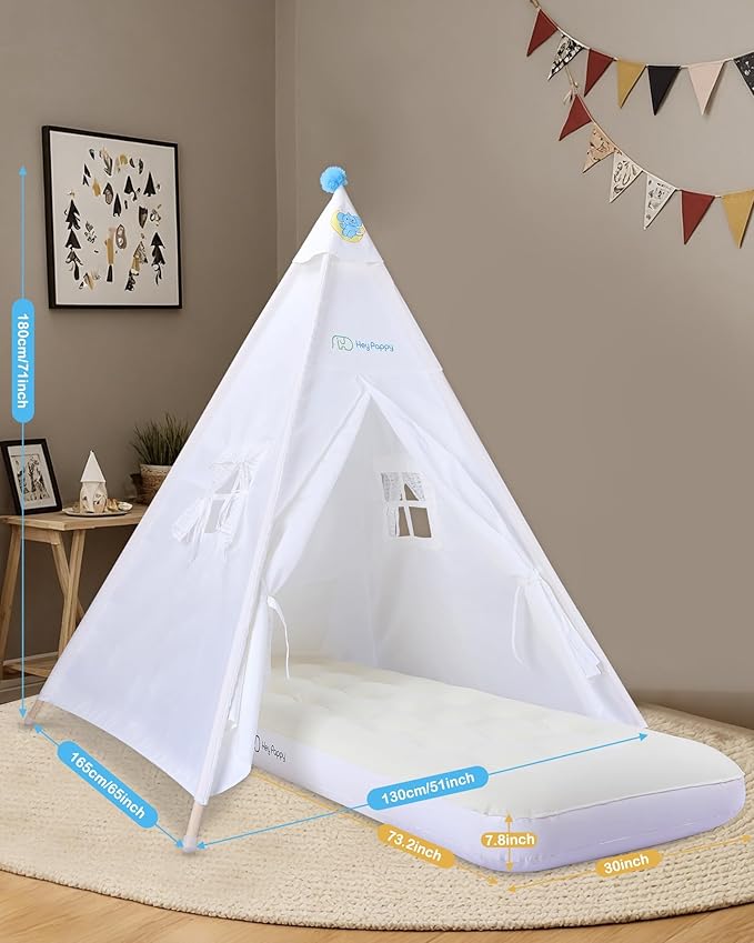Teepee Tent for Kids with Inflatable Airbed, String Lights, Balloons, Pump, Washable Slumber Party Tent with Size 65"x51"x71", Playhouse Tent for Playtime and Sleepover