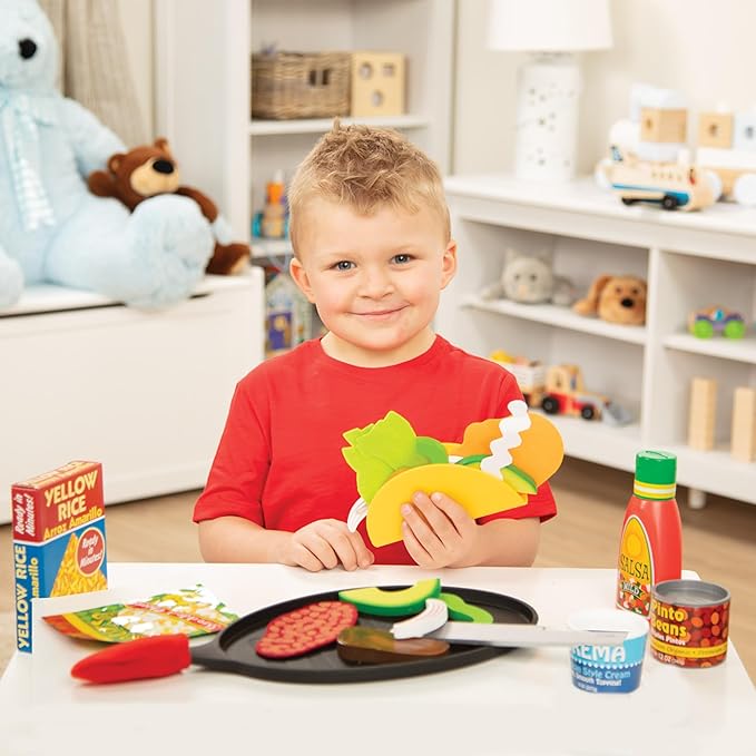 Melissa & Doug Fill & Fold Taco & Tortilla Set, 43 Pieces – Sliceable Wooden Mexican Play Food, Skillet, and More - FSC Certified