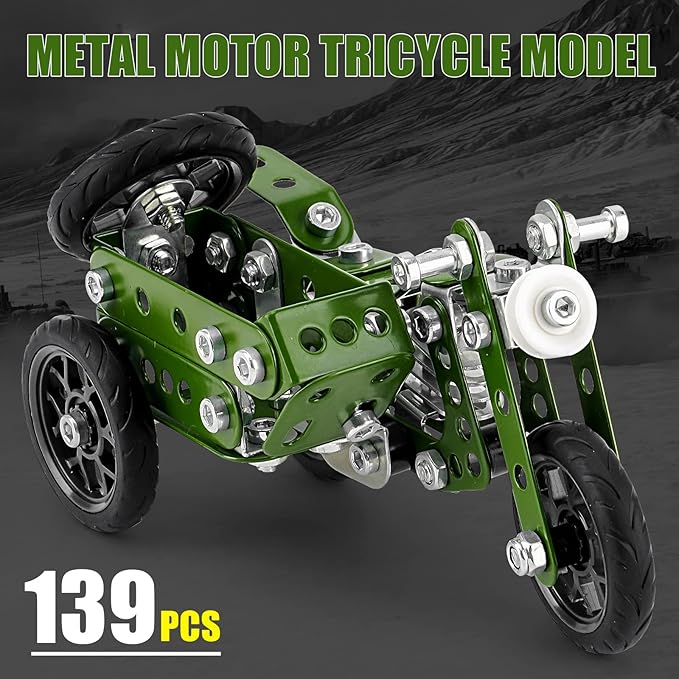 Creative Sets Building Toys Motor Tricycle Set-139 Pieces DIY Building Stem Projects Toys for Kids Boys Ages 8-12,Metal Building Toys Set Gifts for Model Military Motorcycle Fans
