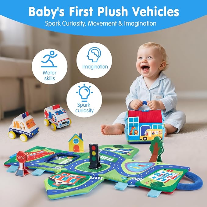 hahaland Baby Toys for 1 Year Old Boy Gifts - Soft Pull Back Cars, Sensory, Take-Along Cars Playset with Foldable Mat, 9 Month Old Baby Toys 6-12 Months Soft Toy Baby Gifts Christmas Stocking Stuffers