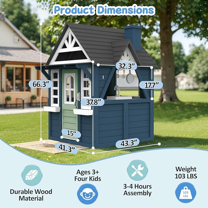 Kids Playhouse Outdoor,Wooden Play House Playset for Kids, Large, Sturdy, Realistic Design with Kitchen, Doorbell, Flower Pot, Stove, Sink & Clock, Perfect for Kid Ages 3-8 (Blue)