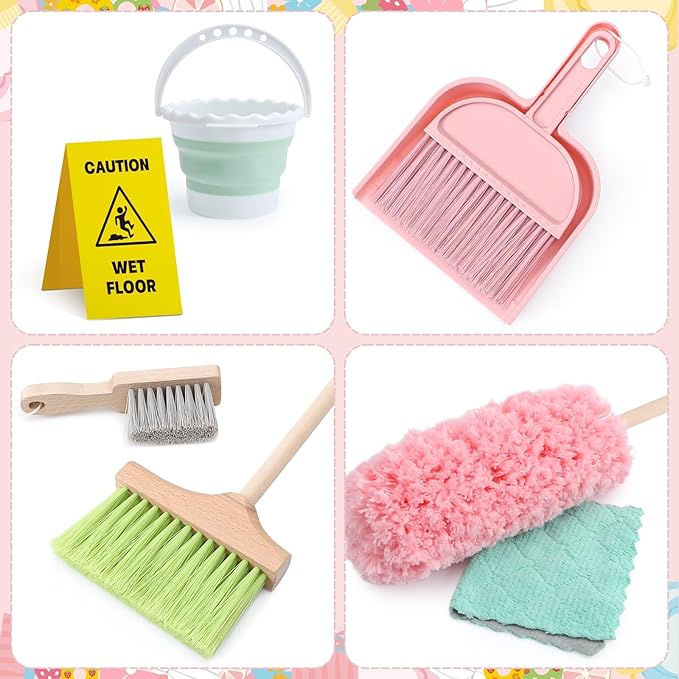 Lonico Wooden Kids Cleaning Toy Set for Toddlers Mop Broom and Dustpan Set, 12 Pcs Detachable Housekeeping Playset with Bucket Duster Brushes Pretend Play Cleaning Toys Gift for Boy Girl Age 3 4 5 6