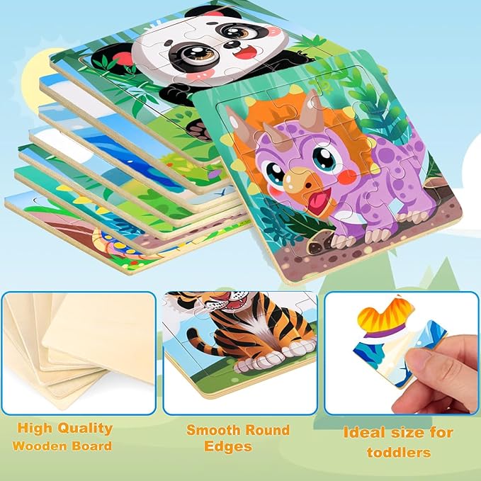 8 Pack Jigsaw Puzzles for Toddlers 1-2 3-6, 9 Piece Animal Wooden Puzzles for Toddlers, Children Learning Educational Puzzles Toys for Boys Girls (Style 2)
