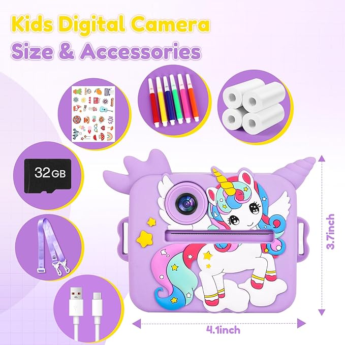 OTJ Kids Camera Instant Print - Selfie Children Digital Camera Toy That Print Photos Christmas Birthday Gifts for Ages 3-12, 4 5 6 7 8 9 10 Year Old Girls Toddler, Travel Portable Video Cameras