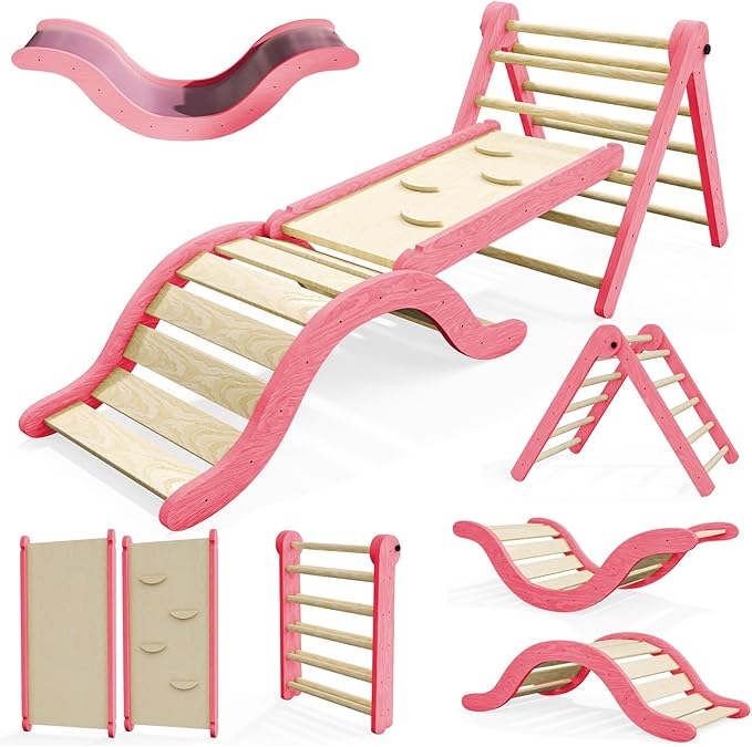 Pikler Triangle Set Climber 5 in 1, Toddler Climbing Toys Indoor Folding with Ramp & Arch & Mat for Montessori Play Gym for Toddlers and Kids (Pink)(105" Wx25 Dx31.5 H)