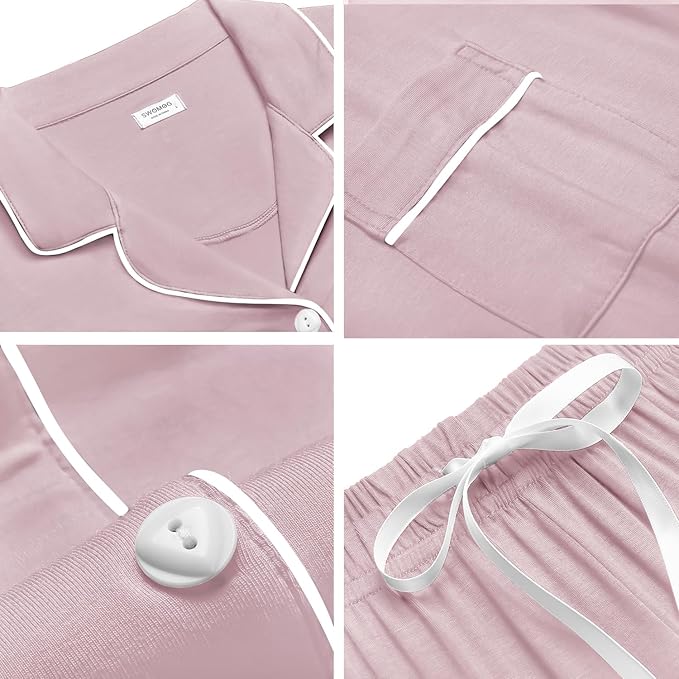 SWOMOG Womens Button Down Pajamas Set Short Sleeve Sleepwear Bride Soft Pj Lounge Sets XS-3XL