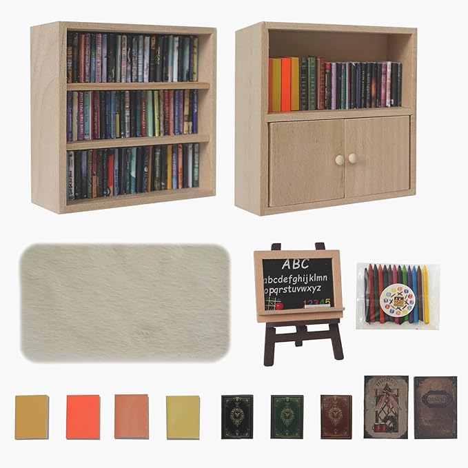 1:12 Scale Dollhouse Bookshelf Set - 2 Mini Wooden Bookshelves, 100+ Blank Mini Books & Art Studio Accessories for Creative Educational Gift for Kids, Collectors (Dollhouse Furniture & Accessories)