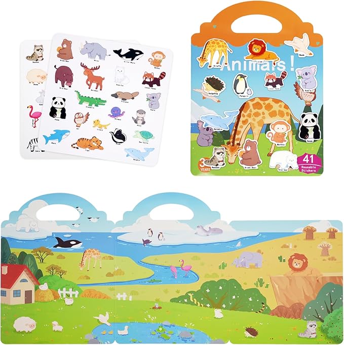 Newest Animals Sticker Book for Kids 2-4,Reusable Jelly Stciekr Activity Book for Kids,Birthday Party Gift Removable &Washable Christmas Gift