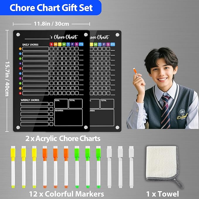 PigPotParty Black Acrylic Magnetic Chore Chart for Multiple Kids, 12"x16" Reward Responsibility Chart, 2 Pcs Daily Weekly Dry Erase Fridge Chore Board Checklist for Teens Adult, w/ 12 Markers & Towel