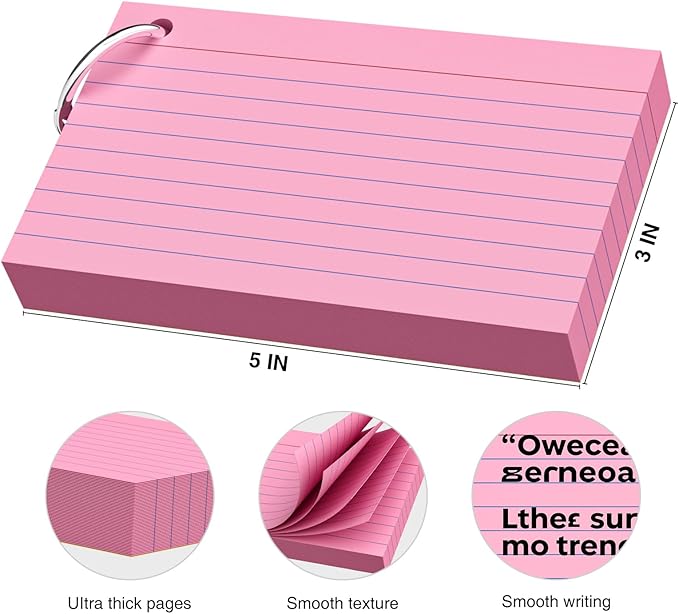 250 Count Pink Index Cards 3x5 Inch with Key Ring, Color Flash Index Card (50 Sheets Each), Durable & Portable Note Taking for Students, Teachers, Study Note Cards for Office Home School