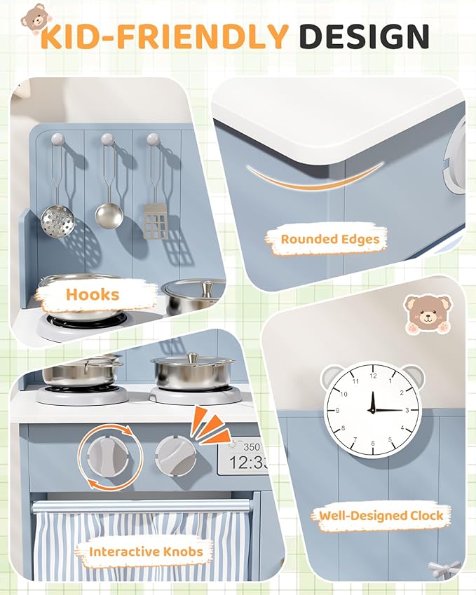 MAMIZO Kids Kitchen Playset with Ample Storage, Interactive Play Kitchen with Simulated Gas Cooker, Clicking Knobs, Sink, Faucet, 6 Pcs Cookware, Educational Clock for Toddlers (Blue)