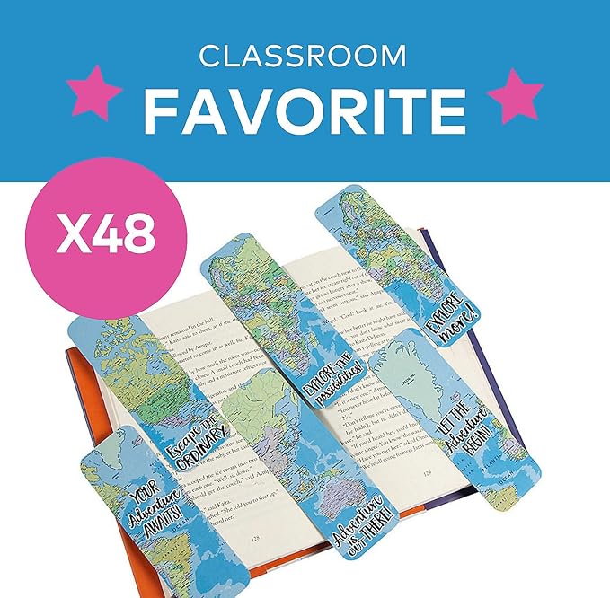 Fun Express 2" x 6" Bulk 48 Piece World Map Multicolor Cardstock Bookmarks - Great for School Incentives and Learning Activities