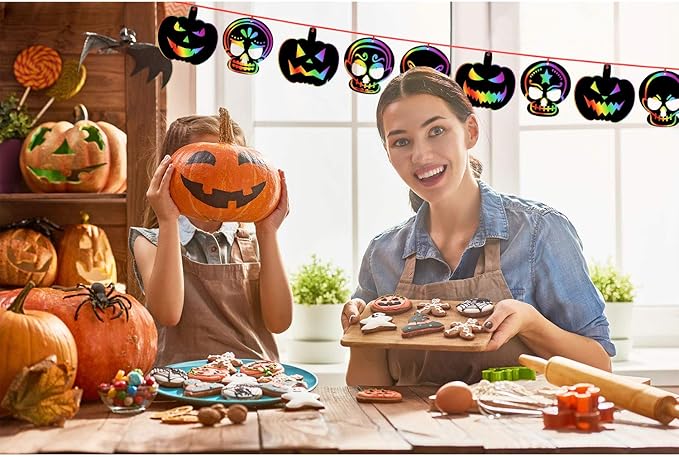 Outus 48 Pieces Halloween Scratch Art Paper Crafts Kit Rainbow Pumpkins Scratch Craft Art Halloween Decor with 12 Wooden Sticks and 48 Colorful Ribbons for Trick or Treat Party Supplies DIY Ornaments