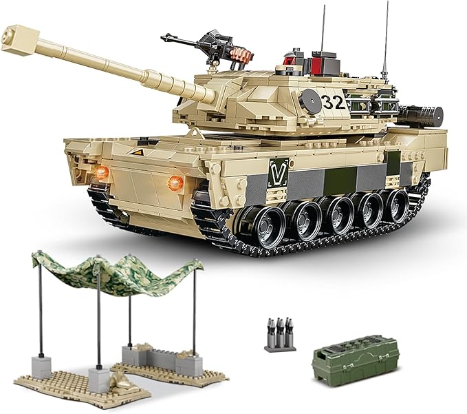 M1 Abrams Heavy Armor Tank Toy Building Set, Military Model Kit with Camouflaged Outpost, Building Blocks for Kids 14+ & Adults, Compatible with Lego Sets (1206 PCS)