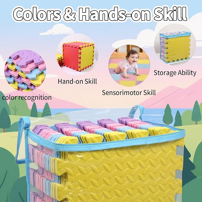36 Tiles Foam Play Mat for Baby, 0.4 Inch Thick Foam Interlocking Floor Mats, Non-Toxic Baby Playmat, Solid Colored Puzzle Play Mat Kids Floor Mats for Toddler(Pink/Purple/Yellow/Light Blue)