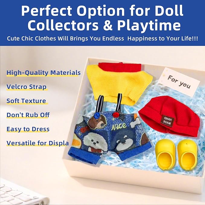 17cm Doll Clothes Set (No Doll), 4 Pieces Outfit Set for 6.7inch Dolls Suit, Fashion Clothes Accessories Dress-Up,Includes—Chic Hat+Top+Cute Overalls+ Shoes(Style B)