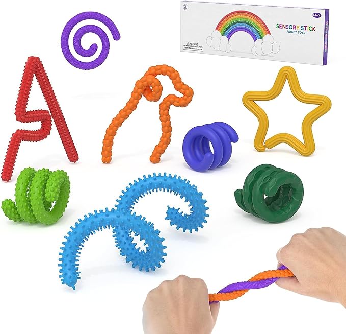 Sensory Sticks Fidget Toy for Kids Adult,8Pcs Bendable Textured Flexible Fidget Stick for Anxiety Autistic ADHD,Calm Down Travel Essentials Toys, Quiet Fidgets for Classroom Must Have