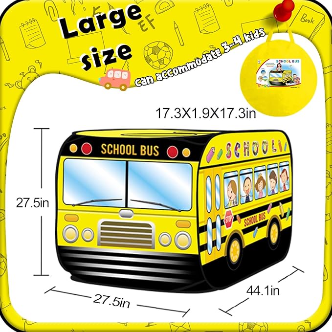 Pop up Play Tent for Kids Aged 1-3 Years Old Boys and Girls : School Bus Tent Playhouse Toy Play Tents for Toddlers 3-5 Kids Tent Indoor Outdoor Playhouse Toys for 1 + Year Old, School Bus