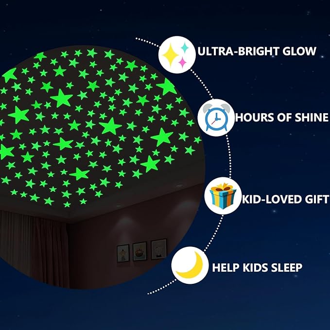 AOWDIAO Glow in The Dark Large Star Stickers – 115 Pcs (4 Sizes, 1.5‑4 in) – Luminous Ceiling & Wall Decals for Kids’ Bedroom, Nursery, Party Decor