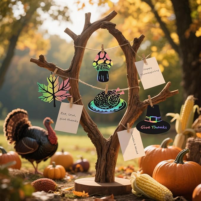 Naturahand 50 Rainbow Scratch Paper with 10 Wooden Scratch Sticks and 50 Red String, Turkey Shaped Scratch Off Cards for Thanksgiving Day DIY Decorations and Art Party Favors(H-3)
