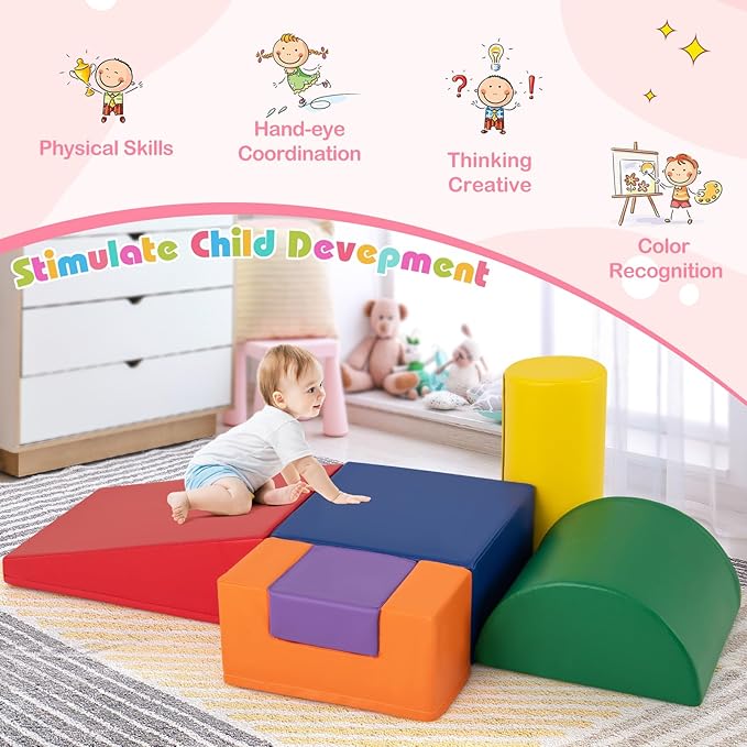 HONEY JOY 6-Piece Climb and Crawl Playset, Soft Climbing Foam Block Activity Play Structure Gym Equipment for Infant Baby, Color Coordination, Waterproof Indoor Climbing Toys for Toddlers (Navy)