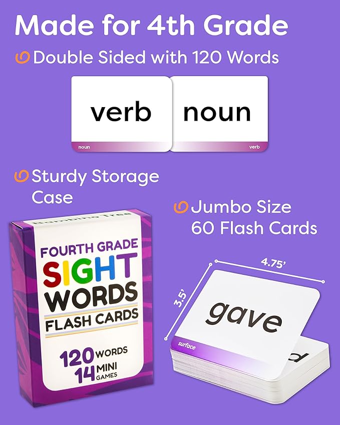 Sight Words Flash Cards 4th Grade - 120 High Frequency Words from Dolch's and Fry's Lists for 9-10 Years