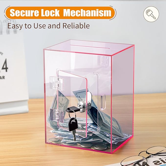 Hicocool Clear Piggy Bank with Lock, Acrylic Piggy Bank for Adults Kids Openable, Reusable Money Saving Box with Key for Birthday (Pink)