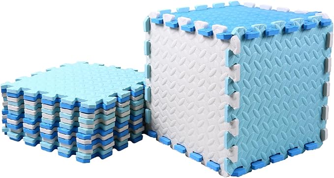 Foam Play Mat for Baby, 0.4 Inch Thick Foam Interlocking Floor Mats, Soft Non-Toxic Baby Playmat, Solid Colored Puzzle Play Mat Kids Floor Mats for Toddler, 16 Tiles(White/Light Blue/Blue)