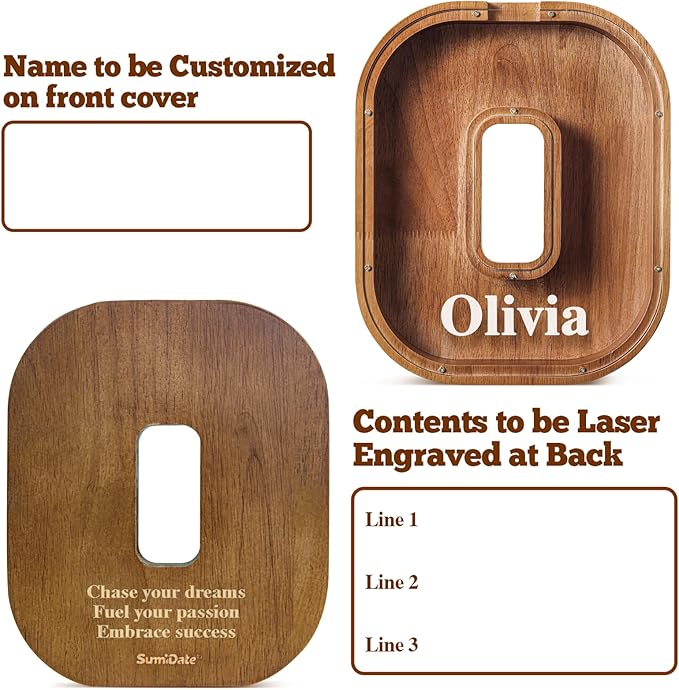 Summidate Customized Name Large Wooden Piggy Bank for Kids Boys Girls Alphabets Letter A-Z Coins Bills Money Change Bank Box Initial on Clear Cover (Laser Engraved) (Alphabet-O, Personalized-12)