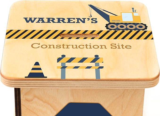 Wooden Piggy Bank for Kids and Adults, Personalized Gift Handmade in USA by BloomOwl, Custom Piggy Bank, Personalized Banks for Kids, Gifts for Baby Boys and Girls (Construction- Navy)