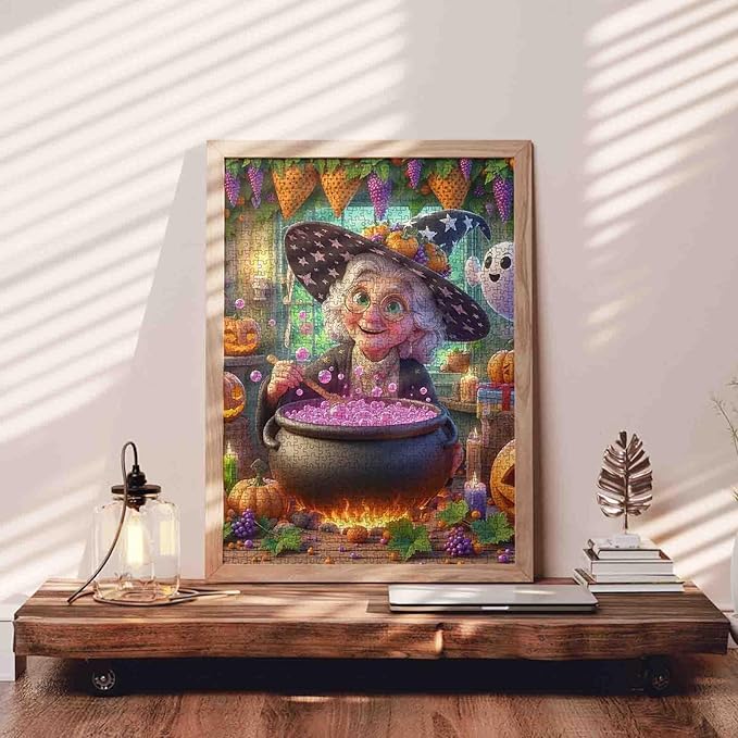 Grandma Witch Brewing Potion in Halloween Kitchen 1000 Piece Jigsaw Puzzle for Adults Students 20×27 Inches Magical Jigsaw with Pumpkins Bubbles Ghost Candles Autumn Puzzle Gift for Home Decor
