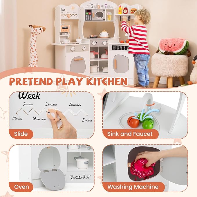 HONEY JOY Corner Play Kitchen, Toddler Wooden Toy Kitchen Set w/Lights, Coffee Maker, Microwave, Sink, Faucet, Little Chef Pretend Play Kids Kitchen Playset for Boys Girls (White)