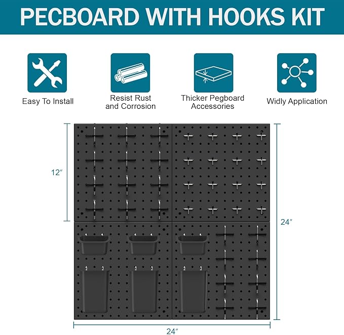 Peg Board Kit, Includes Pegboard and Accessories,with Hooks and Bins,Peg Board Wall Organizer for Office,Ornaments Display,Crafts Organization (66, Black)