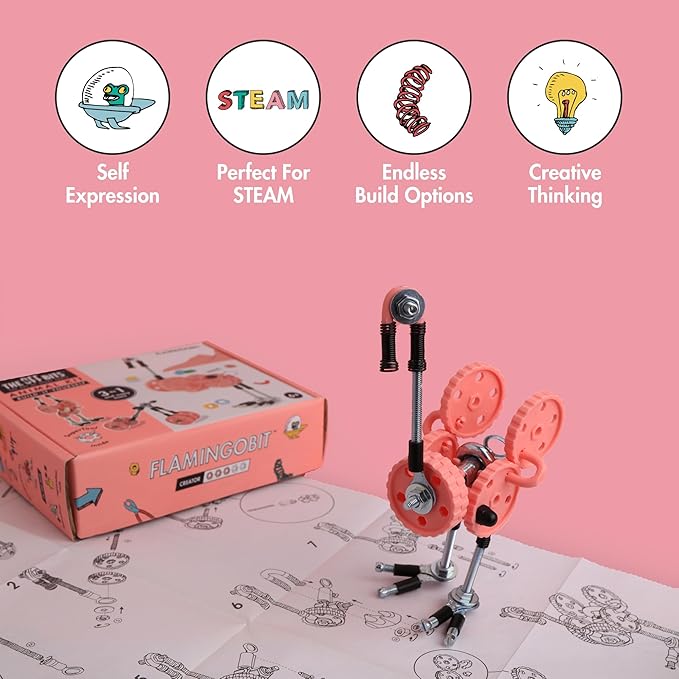 The Off Bits Erector Set: Animal Mini STEM Toys for Kids 6+, Toy Building Sets with Nuts & Bolts, STEM Building Toys Gifts for Boys and Girls (Pink Flamingo)
