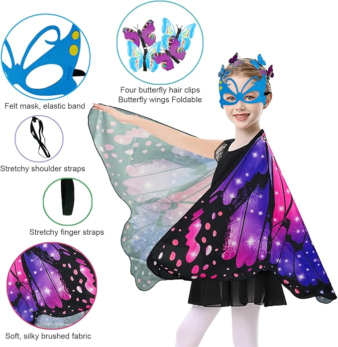Butterfly Costume for Girls Fairy Wings Kids 4 Pcs(Cape,Skirts,Masks,Hair Clips) Butterfly Wings for Halloween Gifts