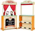 labebe - Deluxe Wooden Puppet Theater Bonus 2 Hand Puppet, ﻿2-in-1 Clock Theater Reversible Play Store, Double-Sided Lemonade Stand, Puppet Show Theater Toy with Chalkboard for Kids 36M+