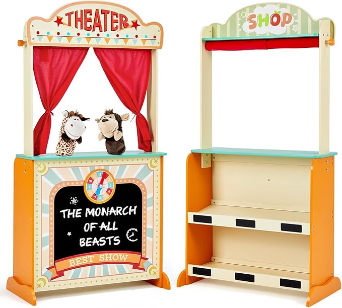 labebe - Deluxe Wooden Puppet Theater Bonus 2 Hand Puppet, ﻿2-in-1 Clock Theater Reversible Play Store, Double-Sided Lemonade Stand, Puppet Show Theater Toy with Chalkboard for Kids 36M+