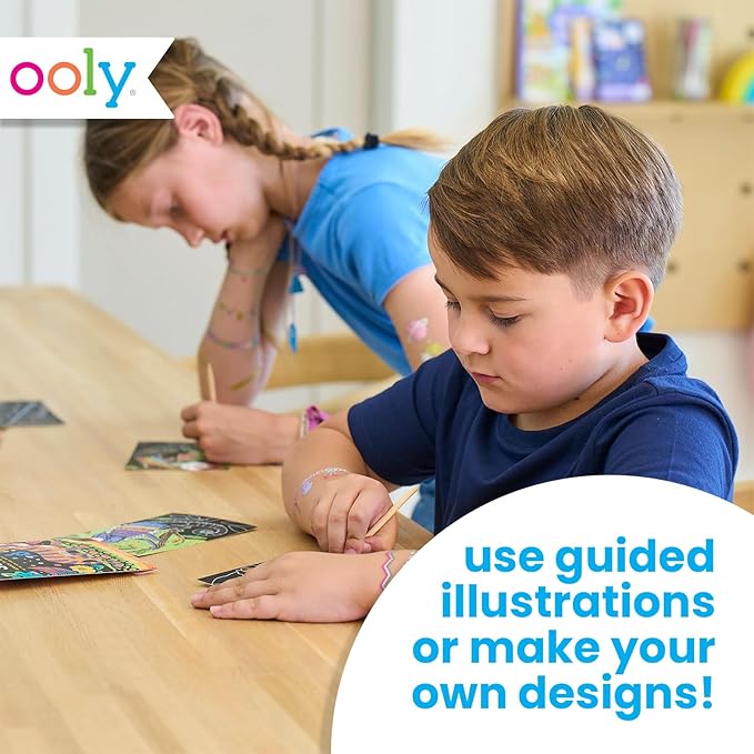 Ooly Mini Scratch & Scribble Art Kit - 6 Card Rainbow Scratch Art Set Gifts for Kids, Travel-Friendly Craft Kit, Scratching Tool Included - Safari Party