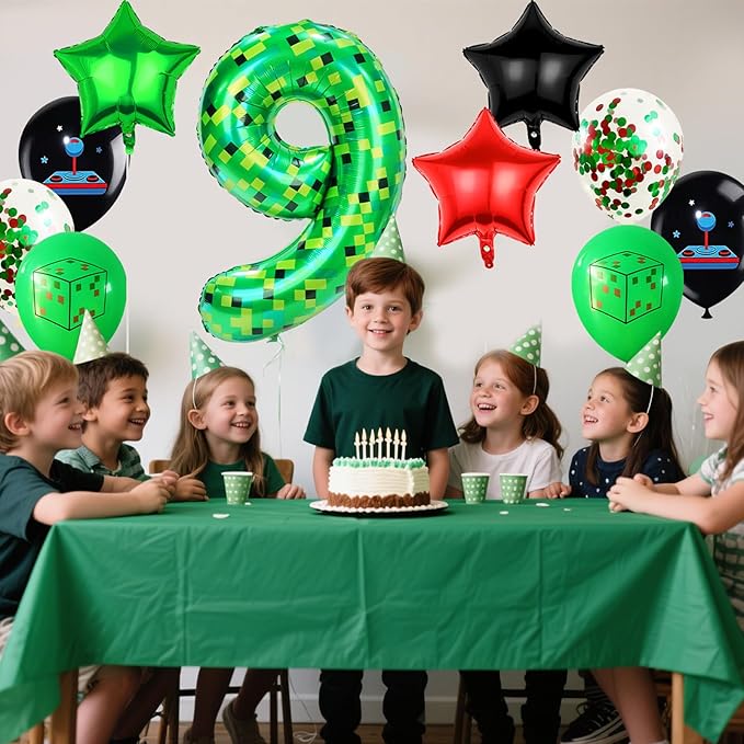 40in TNT Pixel Number 9 Balloon Birthday Decorations, Miner Theme Green Foil Balloons Blast Gaming Party Supplies