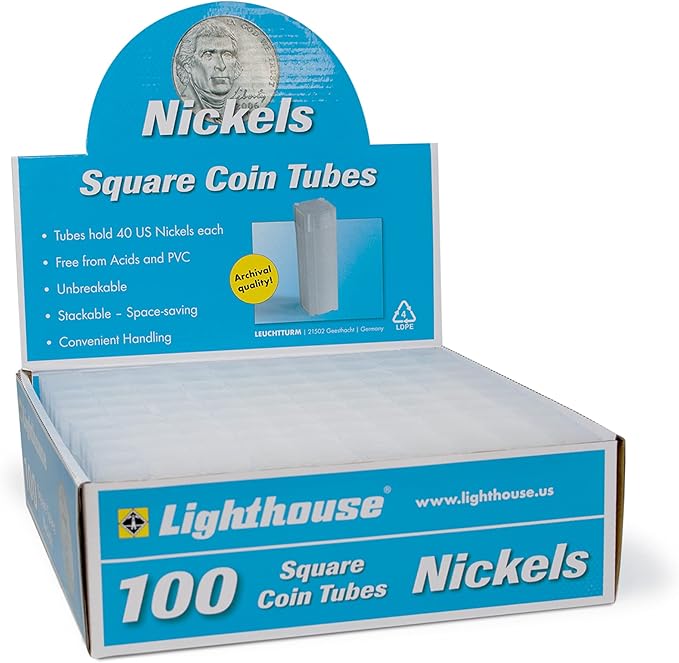 LIGHTHOUSE - Square Coin Tubes - Convenient Push Top, Virtually Unbreakable, Acid Free and Archival Quality - Coin Tubes for US Nickels, 100 Pack