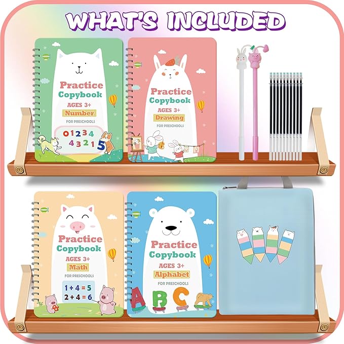 Upgraded Large Size Magic Practice Writing Copybook, Reusable for Kids, Reusable Copybook Preschool for Kids Age 3-8 Calligraphy(4 Books with Pens)-Blue Bag