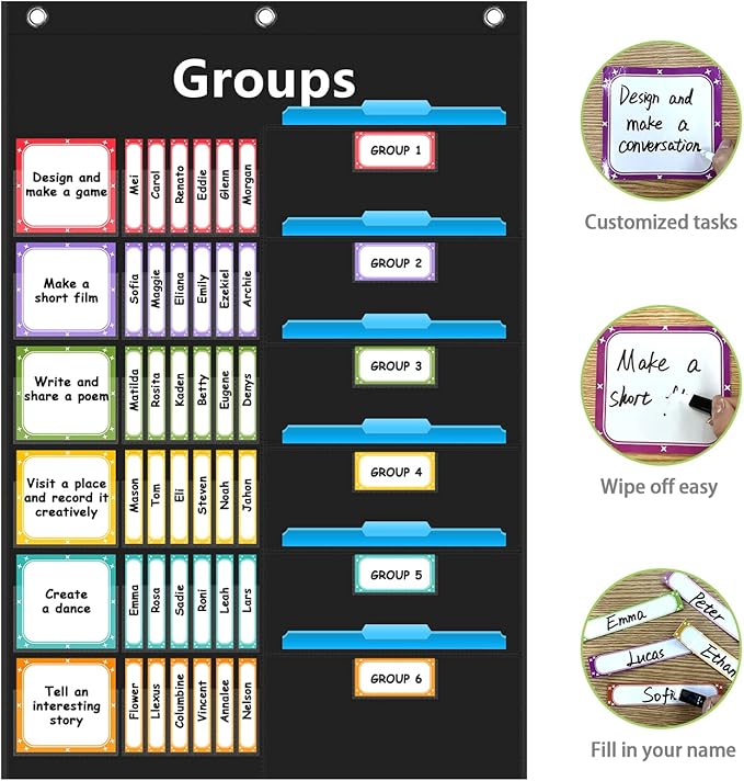 REGELETO Small Group Management Pocket Chart with 96 Cards Classroom Jobs Chart Small Group Organizer and on Task for School Teacher Elementary Preschool Learning Supplies (Black)