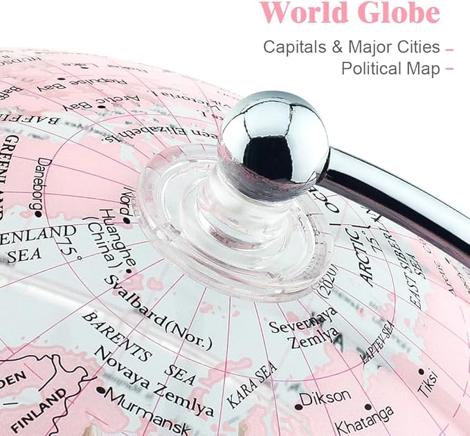 Decorative 8" Pink Earth Globe with Stand – Rotating Desktop Map for Kids, Educational World Globe with Detailed Map for Home, Office, and Classroom