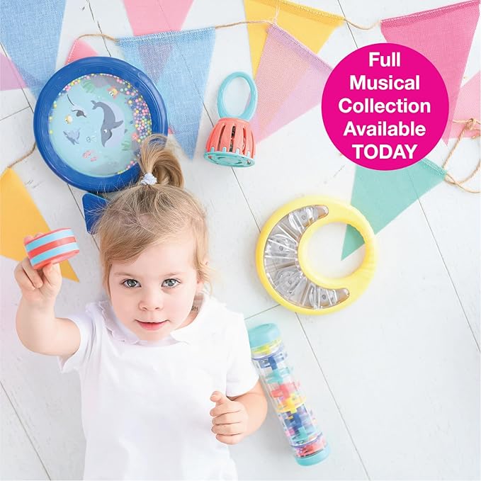 Edushape Classic Tambourine for Kids, Yellow - Percussion Musical Instrument Baby Tambourine for Toddlers 1-3, Kids Tambourine Fun Tummy Time, Fine Motor, Auditory and Visual Sensory Development