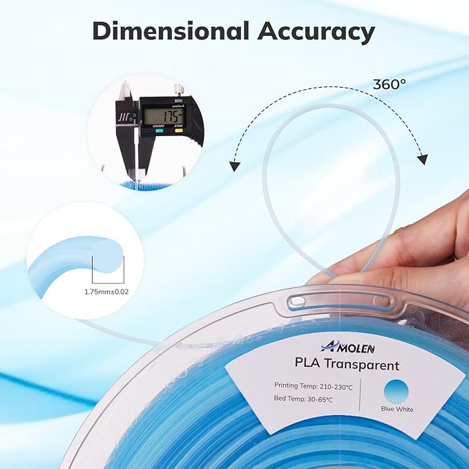 AMOLEN PLA 3D Printer Filament, Clear PLA Filament 1.75mm Transparent Blue White, with Light Transmission Feature, Compatible with Most FDM Printer, PLA Transparent, 1KG/2.2lb