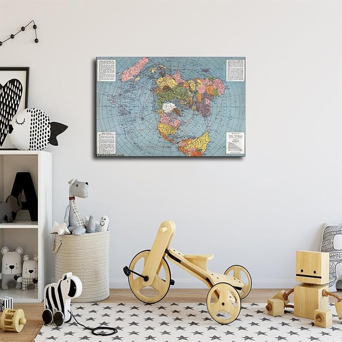 Flat Earth Map of The World Model - 1943 Polar Azimuthal Equidistant Projection Map Art Poster Room Aesthetic Wall Art Canvas Decoration Home Decor Gifts (08x12inch Framed)