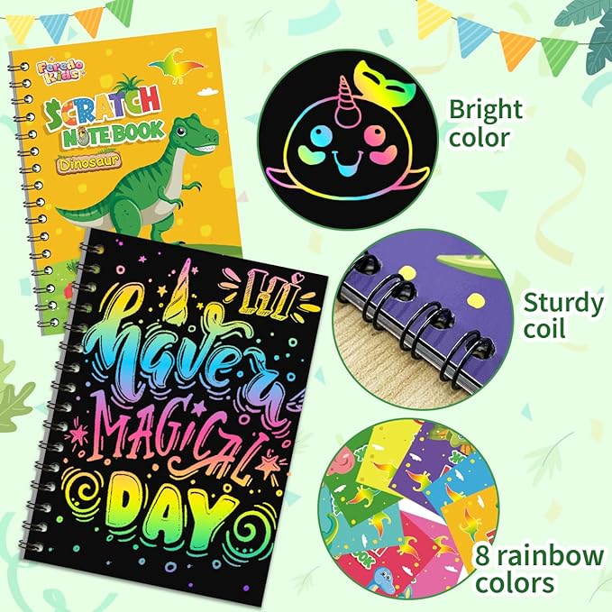 Kids Scratch Art Party Favors Gifts: 16 Pack Dinosaur Scratch Notebook Paper Birthday Party Favor Toy Girls Boys Art Craft Kit Summer Classroom Goodie Bags Return Gifts for Birthday Party Favors Bulk