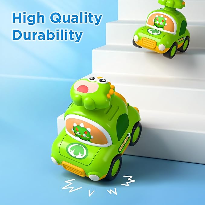 iPlay, iLearn Press to Go Dinosaur Car Toys for Toddlers 1-3, Baby Play Race Vehicle Set, Infant Dino Push Go Friction Toy, 4pcs Animal Car for 12 18 24 Month, 1st Birthday Gift for 1 2 3 Yr Boy Child