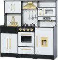 Kids Kitchen Playset, Wooden Play Kitchen with Toy Storage System, Pretend Play Kitchen Set Toy with Range Hood, Ice Maker & Coffee Maker, for Kids Ages 3+, Black